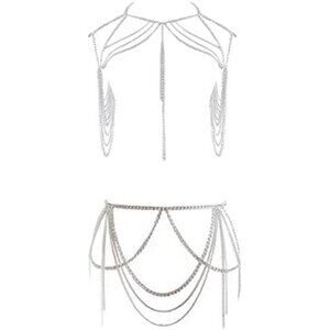Silver Body Chain Jewelry Set  Shoulder Chain & Waist Chain for Festivals, Beach